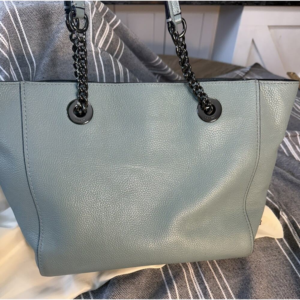 Coach Light Blue Pebbled Shoulder Bag with Chain, Logo, Turn Lock & Tag Accent